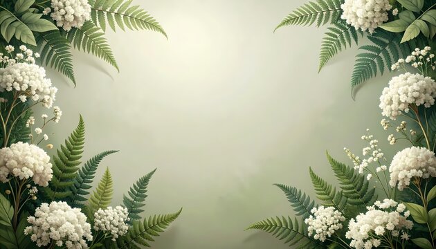 White flowers and green ferns in a frame composition forming a decorative border, digital illustration with soft natural light on a mint green background with copy space.
