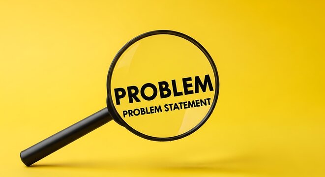 Problem statement text under magnifying glass, business solution concept on yellow background, analysis and research of corporate issues
