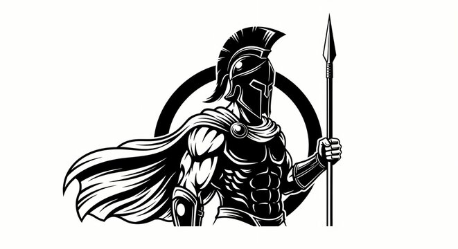 Fierce spartan warrior wearing a traditional helmet with a flowing cape and holding a tall spear in this bold black and white vector graphic illustration design