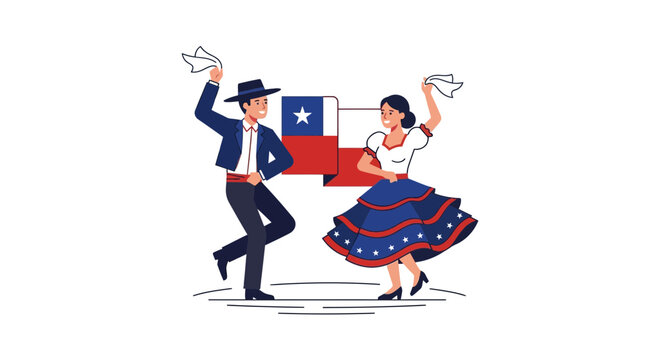 Chilean couple dancing cueca in traditional costume with flag