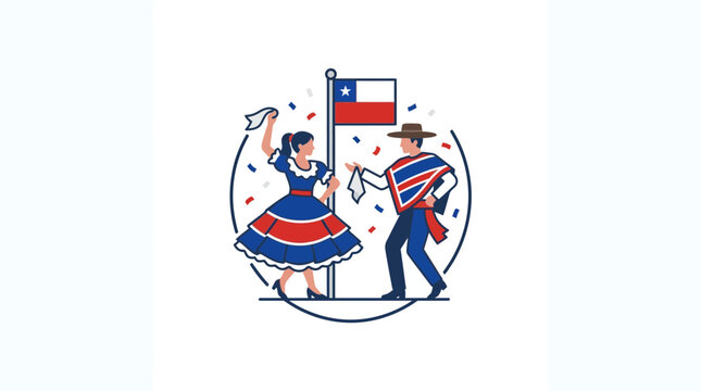 Chilean Couple Dancing Cueca with Flag and Confetti