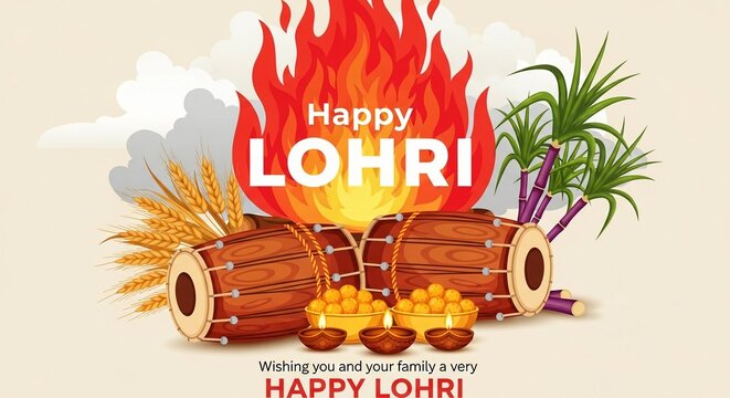 Vibrant flat illustration of a traditional Lohri festival celebration featuring a bright bonfire wooden dhol drums golden wheat stalks sugarcane and glowing clay oil lamps