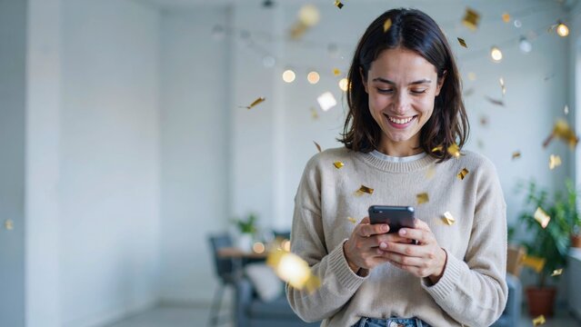 Young woman smiling while holding mobile phone during festive home celebration with gold confetti.