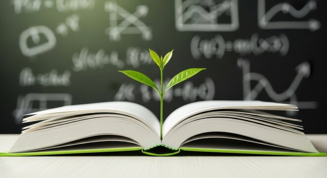 A small green plant growing out of an open book in a classroom