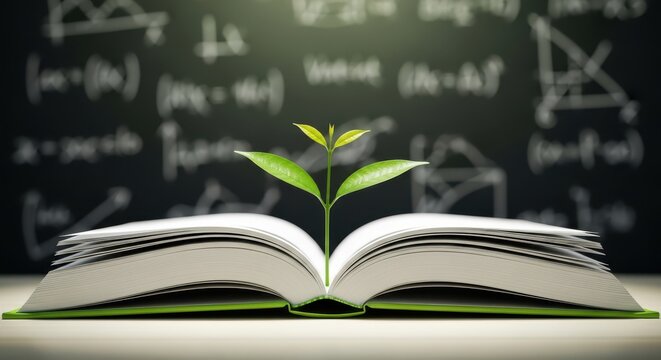 A small green plant growing from an open book against a chalkboard