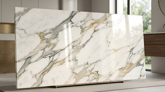 Elegant White Marble Slab with Gold & Gray Veins for Luxury Interior Design