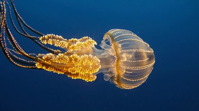 Graceful jellyfish swimming in deep blue ocean water, bioluminescent marine life underwater close-up