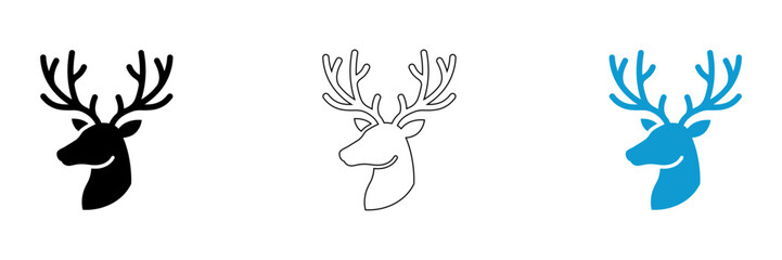 Fototapeta premium Deer head silhouettes with antlers in black white and blue