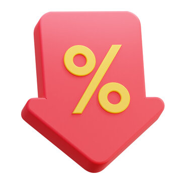 3D Red Down Arrow with Yellow Percentage Symbol Illustration