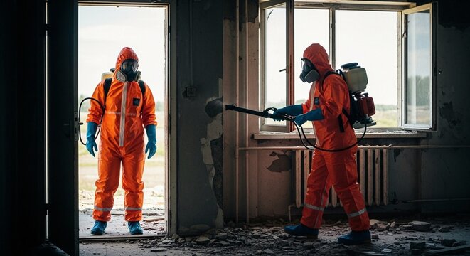 Hazmat Workers in Orange Suits Cleaning Abandoned Building