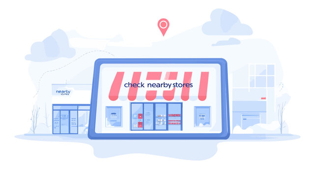 Stylized storefront scene with a large rounded display panel in front with blue
