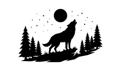 Wolf Howling at Moon Silhouette with Pine Forest Night Landscape Wildlife Nature Vector Illustration © MstNadiya