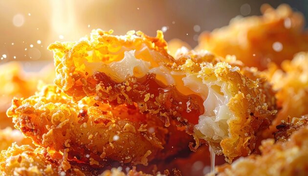 Crispy, golden-brown fried delight oozing melted cheese under warm sunlight, evoking a sense of comfort