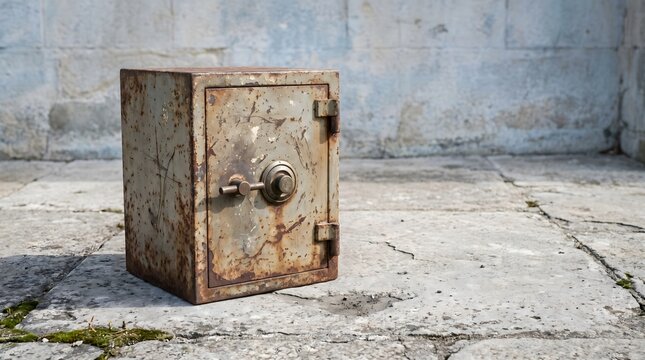 weathered old metal safe on cracked concrete floor
