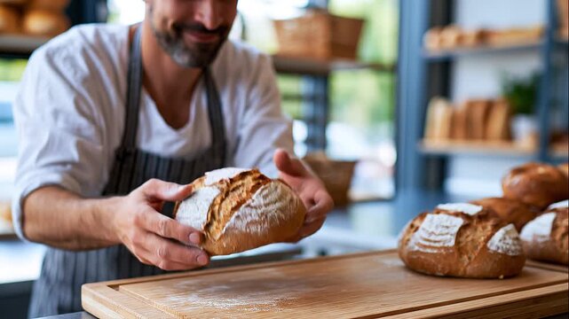 A baker prepares softly calm fresh bread at a bright sunny bakery in soft daylight bread baking open face bright bakery daylight works 2