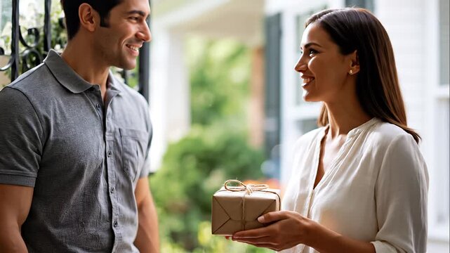A delivery worker hands softly a calm package to a customer at a bright doorstep in soft daylight package delivery open faces bright ou 3