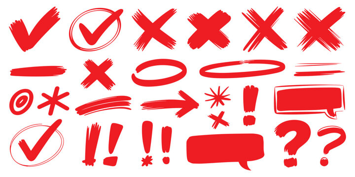 Collection of red hand drawn symbols check marks crosses exclamation question marks