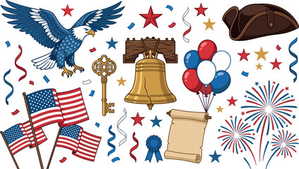 American Independence Day vector illustration set featuring flying bald eagle United States flags liberty bell colonial tricorn hat fireworks stars and celebratory confetti. © alexjender