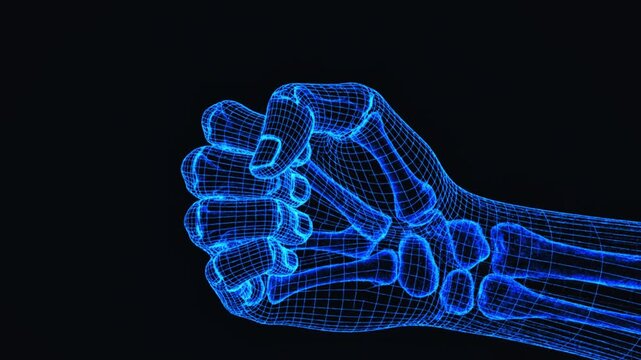 Digital wireframe of a clenched fist with glowing blue bones against a dark background, symbolizing strength and technology.