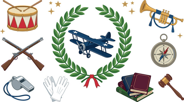 Vintage military aviation and history vector illustration elements featuring biplane inside laurel wreath drum crossed muskets trumpet compass gavel and whistle icons.