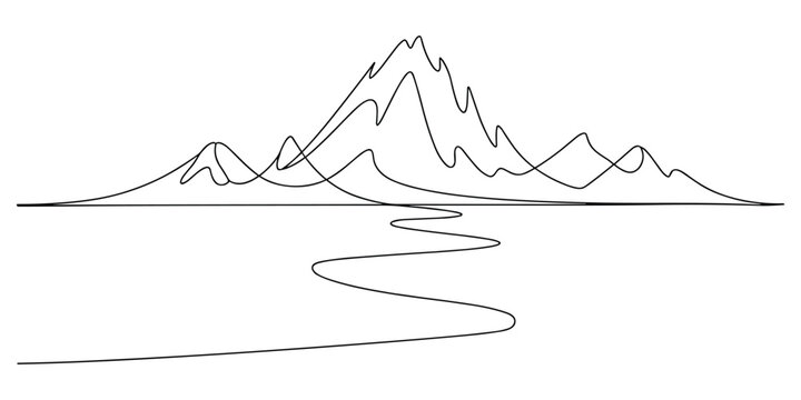Landscape with mountain range and winding road drawn in a single continuous line style art work