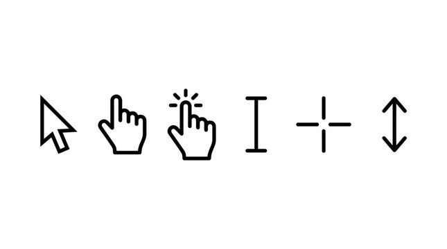 A collection of line icons featuring various computer mouse pointers and cursors, including arrow, hand, and crosshairs.
