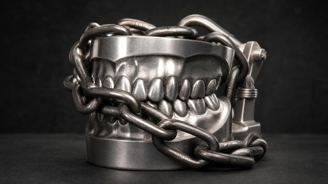 constrained. Metal dental model wrapped in heavy chains, symbolic representation of constrained movement on dark background. wellbeing guides.