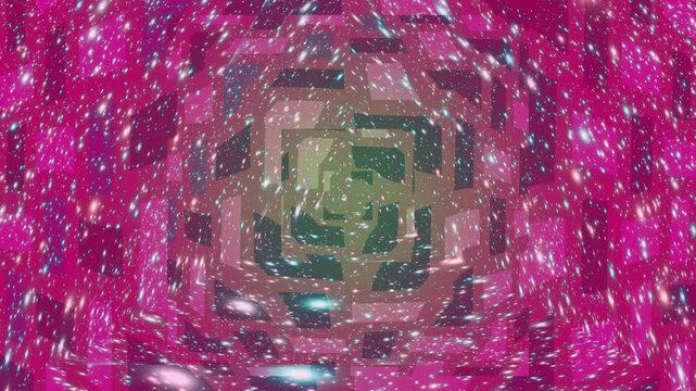 Abstract Digital Tunnel with Glowing Pink Particles and Geometric Center.