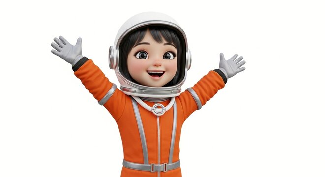 joyful female astronaut in orange suit waving in space concept