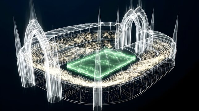 Futuristic stadium with glowing green field and white wireframe architecture on black background ideal for sports and technology concepts