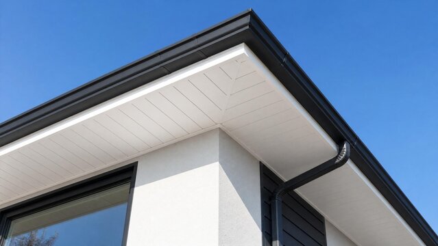 soffit. Clean white soffit board under eaves contrasting with dark rain gutter. real-estate listings, architecture portfolios, designed for real-estate listing and luxury residence showcases.