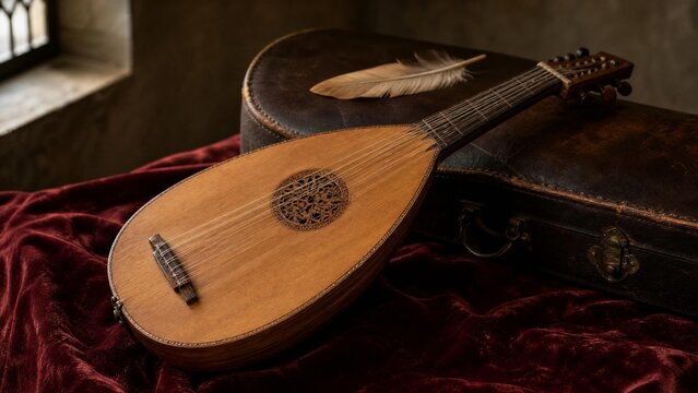 lute. Medieval lute resting on velvet cloth with a feather tucked in its case. event programs, museum guides, designed for cultural heritage projects and event programs, supports education.