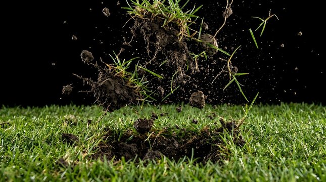Grass being ripped out of the ground with soil and roots flying through the air against a black background