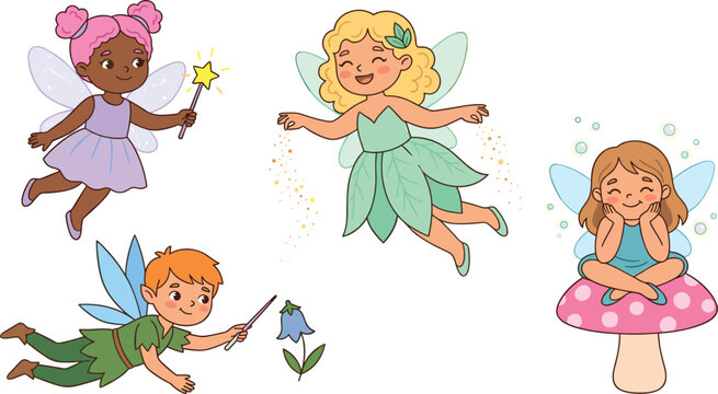 Cute Little Fairies and Pixies Character Set with Magical Wings Wands Mushroom Pixie Dust and Flowers for Children Storybook Designs