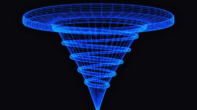 Abstract blue wireframe vortex with swirling rings against a dark background