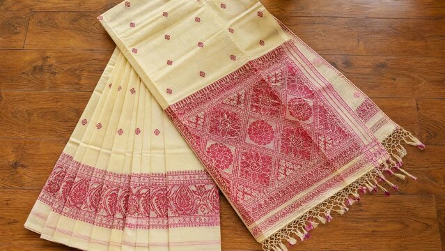 assamese. Traditional silk dress with intricate patterns laid flat on a wooden floor. event programs, museum guides, designed for cultural heritage projects and event programs.