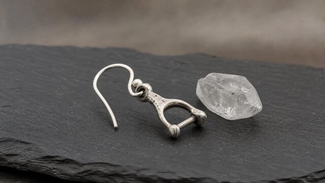 stapes. Sterling silver stapes bone earring and quartz crystal on dark slate, jewelry presentation. lifestyle magazines.