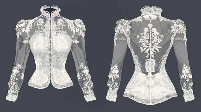 Ornate lace jackets shown from front and back, with floral embroidery patterns
