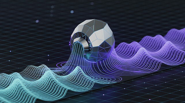 Abstract geometric sphere emitting glowing data waves across grid