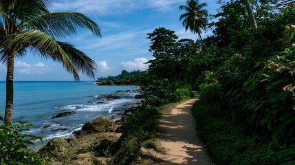Obraz premium A scenic tropical coastal path captures a beautiful and balanced view of the ocean landscape