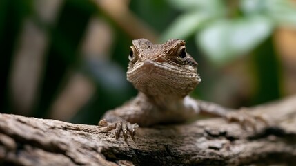 Fototapeta premium A joyful and fluffy lizard rests on a log with soft textures showcasing bright eyes in a natural setting