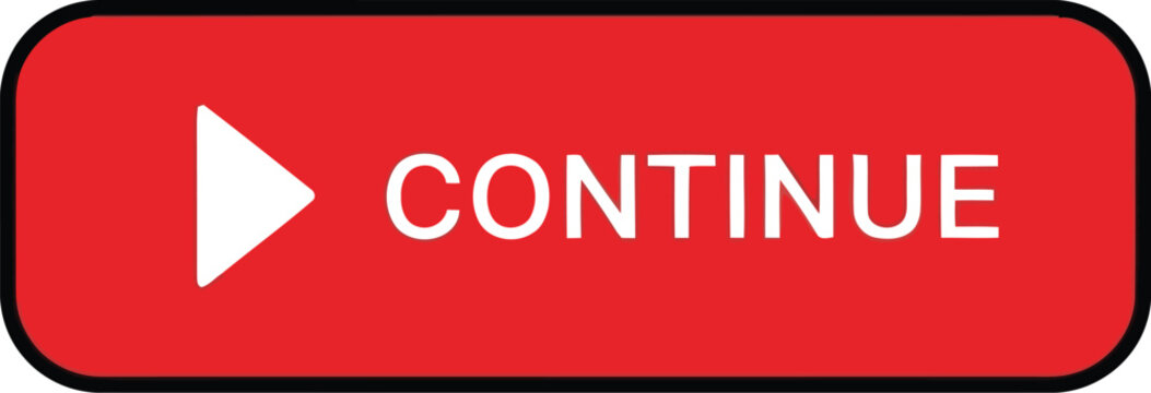 Red continue button with white play icon, web interface call to action isolated on transparent background