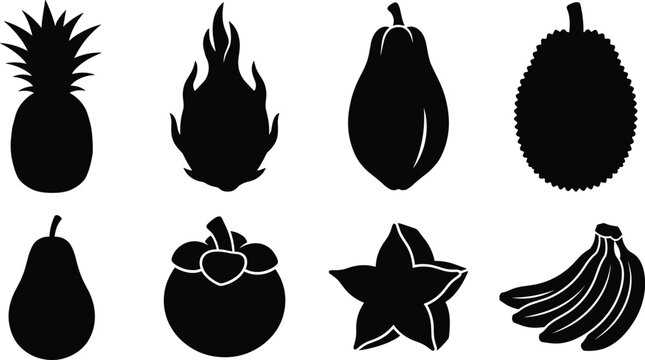 Vector collection of tropical fruit silhouettes including pineapple dragon fruit papaya jackfruit banana and starfruit isolated on white
