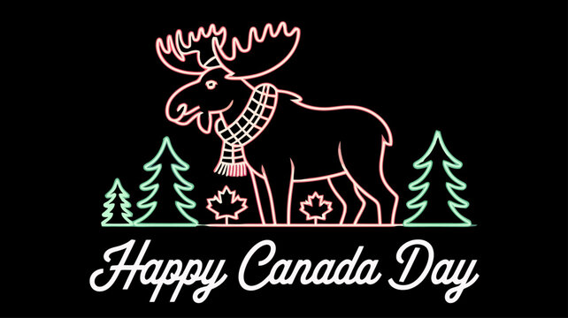 Happy Canada Day line art greeting banner with moose silhouette and pine trees on solid background