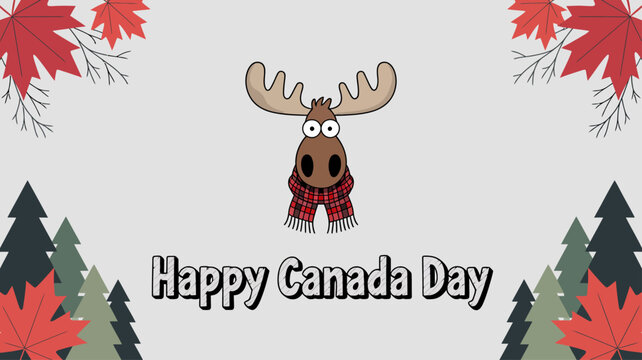 Cute cartoon moose Happy Canada Day greeting banner with red maple leaves and pine trees forest background