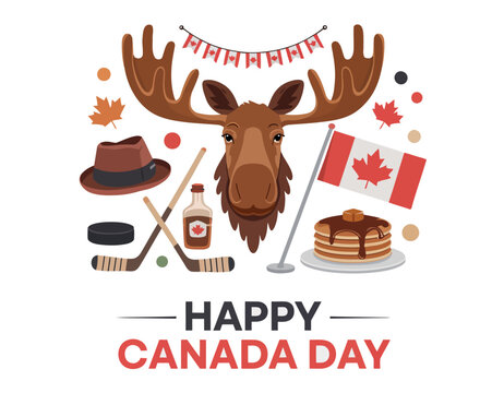 Happy Canada Day vector greeting banner with cartoon moose head and traditional Canadian symbols culture elements