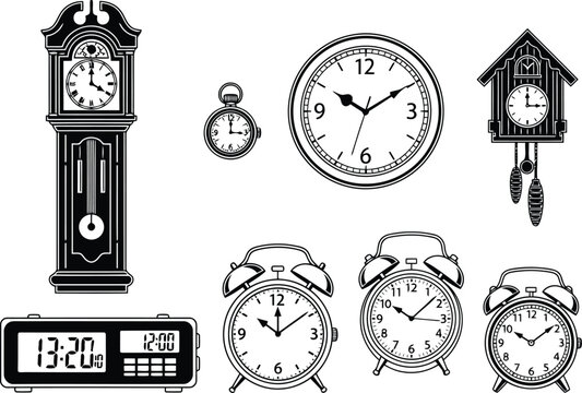 Collection of assorted clocks and timepieces including analog wall clock, alarm clock and digital clock isolated on white