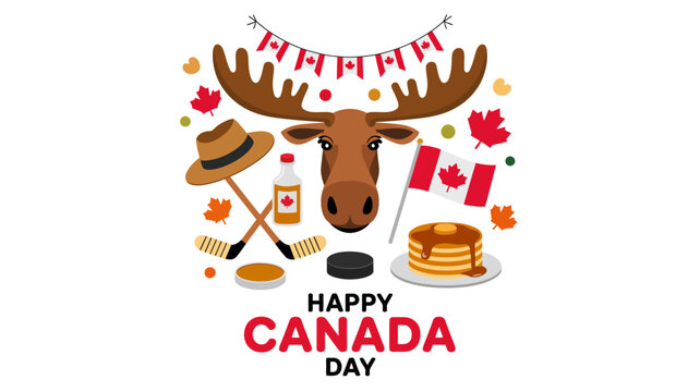 Happy Canada Day vector greeting banner with cartoon moose head and traditional Canadian symbols culture elements
