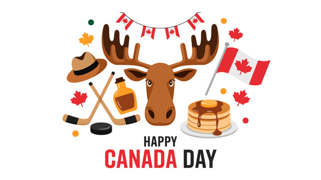 Happy Canada Day vector greeting banner with cartoon moose head and traditional Canadian symbols culture elements