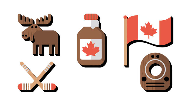 Canadian culture flat vector icon set with cartoon moose flag hockey sticks and maple syrup isolated on white background